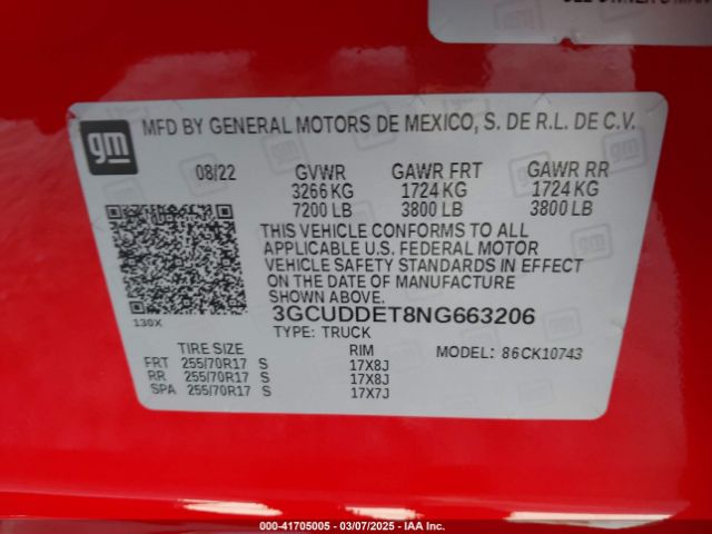 3GCUDDET8NG663206 Chevrolet Silverado 1500 4wd  Standard Bed Lt