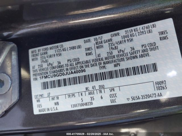 1FMCU9GD0JUA40096 Ford ESCAPE SE