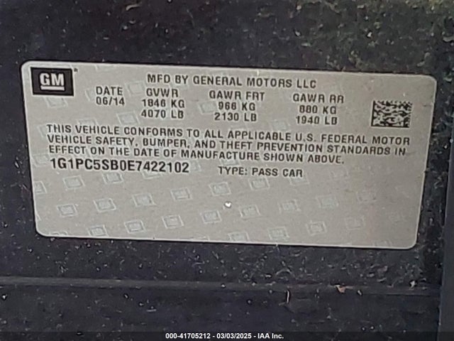 1G1PC5SB0E7422102 Chevrolet Cruze 1lt Auto