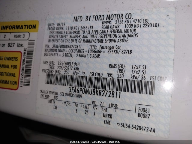 3FA6P0MU8KR272811 Ford Fusion Hybrid Sel