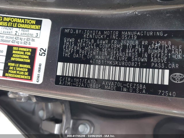 4T1B11HK5KU800821 Toyota CAMRY SE
