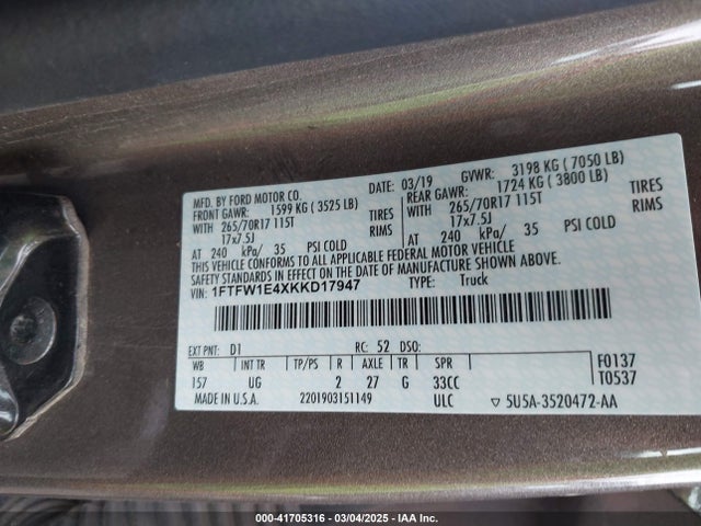 1FTFW1E4XKKD17947 Ford F-150 Xlt
