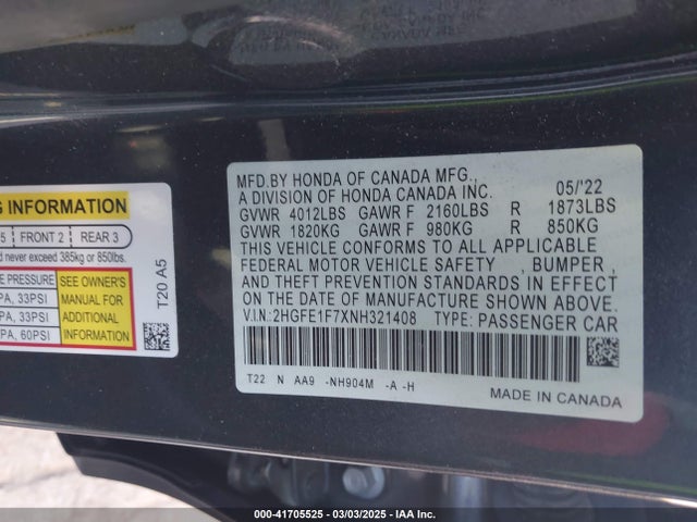 2HGFE1F7XNH321408 Honda CIVIC EX