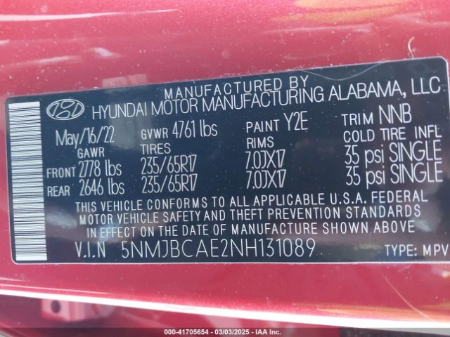 5NMJBCAE2NH131089 Hyundai TUCSON SEL