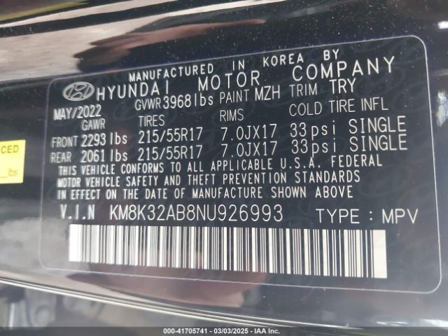KM8K32AB8NU926993 Hyundai Kona Sel