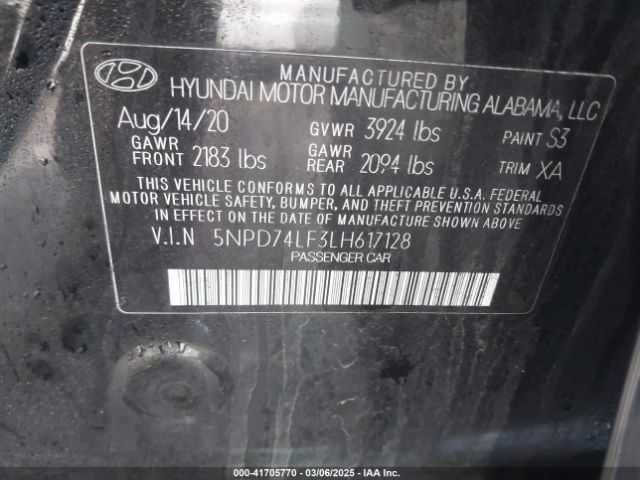 5NPD74LF3LH617128 Hyundai ELANTRA SE