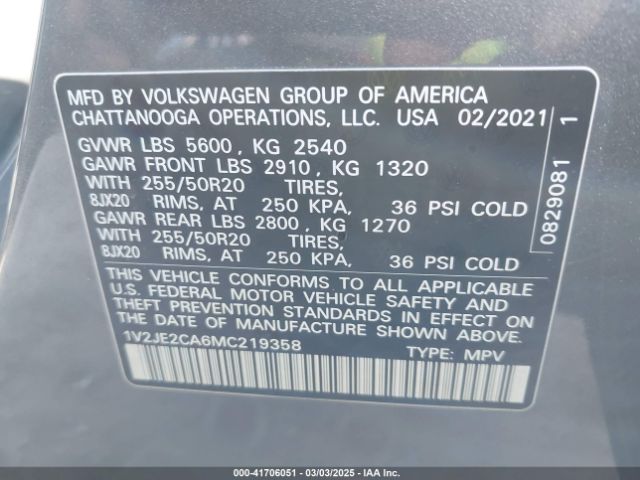 1V2JE2CA6MC219358 Volkswagen Atlas Cross Sport 3.6l V6 Se W/technology