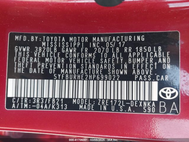 5YFBURHE2HP699022 Toyota COROLLA LE