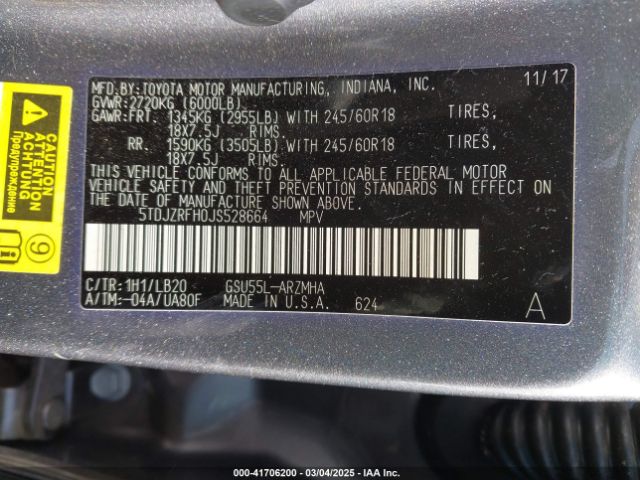 5TDJZRFH0JS528664 Toyota Highlander Xle