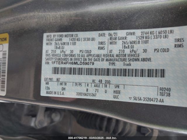 1FTER4FH6MLD59079 Ford Ranger Lariat