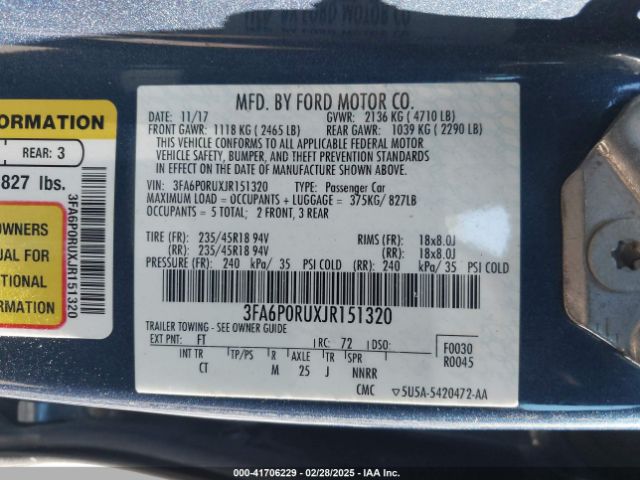 3FA6P0RUXJR151320 Ford Fusion Hybrid Titanium