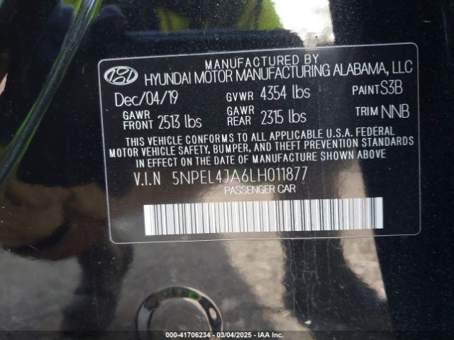 5NPEL4JA6LH011877 Hyundai SONATA SEL