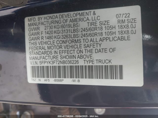 5FPYK3F72NB036226 Honda Ridgeline Rtl-e