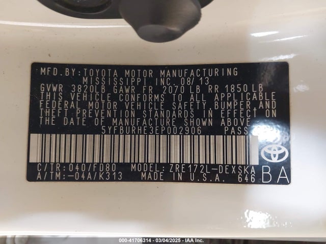 41706314 :رقم المزاد ، 5YFBURHE3EP002906 vin ، 2014 Toyota Corolla S Plus مزاد بيع