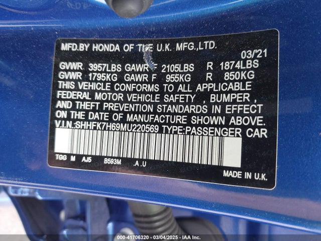 SHHFK7H69MU220569 Honda CIVIC EX