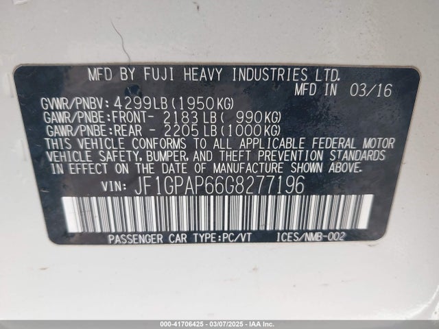 JF1GPAP66G8277196 Subaru Impreza 2.0i Sport Premium