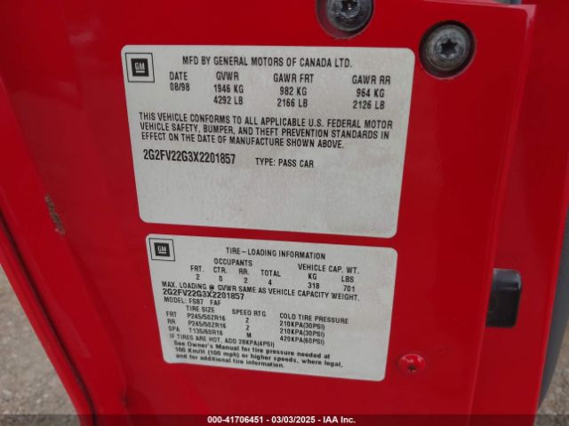 1999 PONTIAC FIREBIRD 2G2FV22G3X2201857 Photo 8