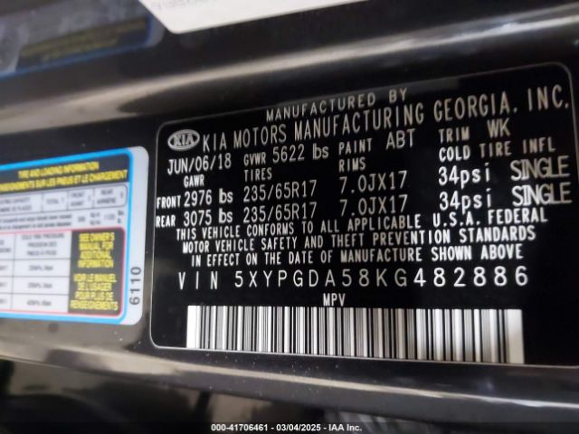 5XYPGDA58KG482886 KIA Sorento 3.3l Lx