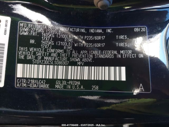 5TDYZ3DC5LS086907 Toyota SIENNA XLE