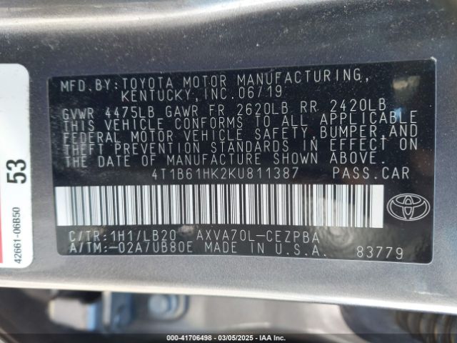 4T1B61HK2KU811387 Toyota CAMRY XSE