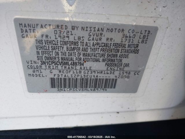 3N1CP5CV5ML489794 Nissan Kicks Sv Xtronic Cvt