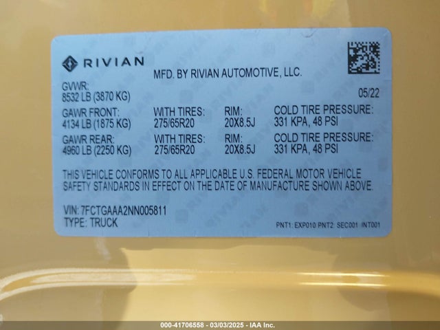 Rivian R1t Adventure 2022 7FCTGAAA2NN005811 Image 9