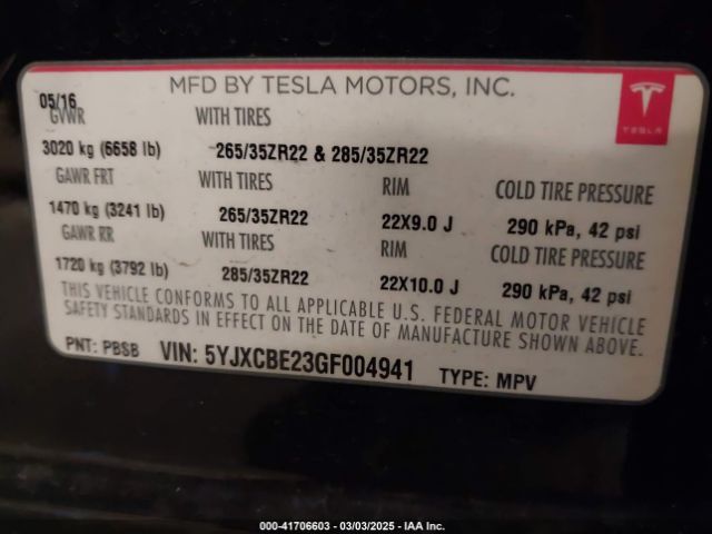 5YJXCBE23GF004941 Tesla Model X 60d/70d/75d/90d/p100d