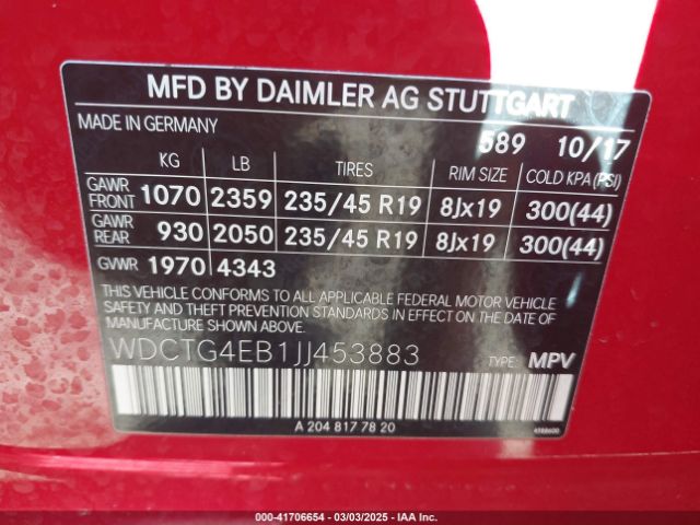 WDCTG4EB1JJ453883 Mercedes-Benz GLA 250
