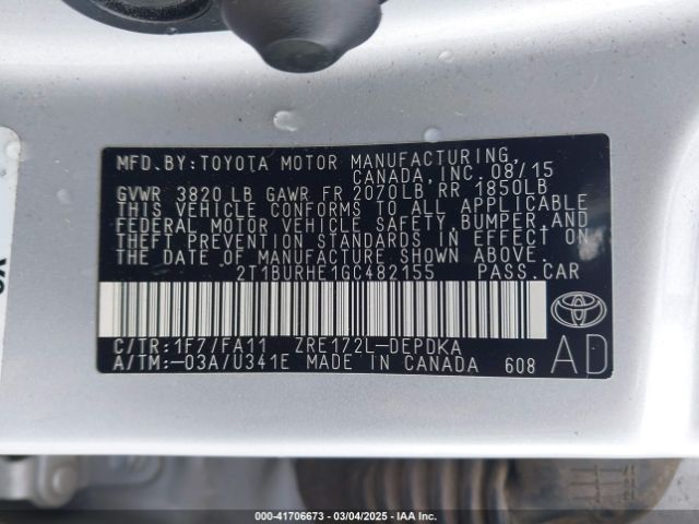 2T1BURHE1GC482155 Toyota COROLLA L