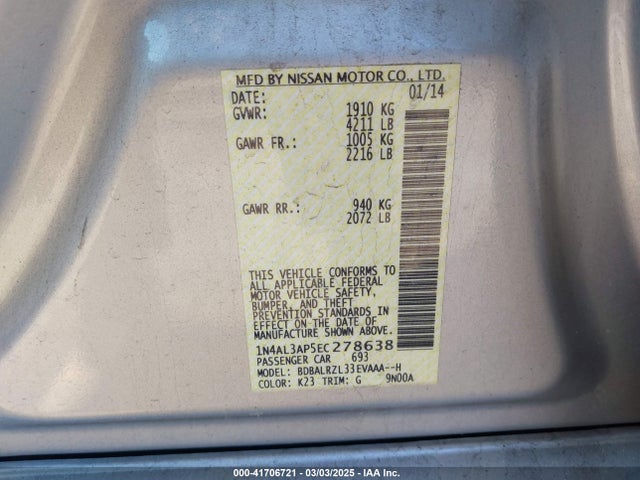 Nissan Altima 2.5 S 2014 1N4AL3AP5EC278638 Image 9