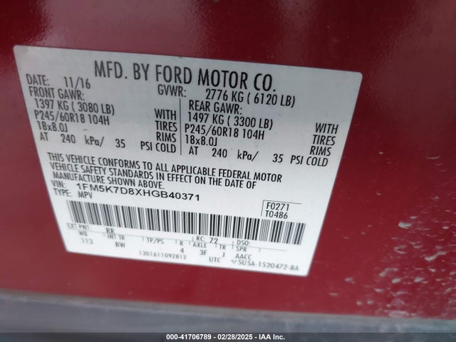 1FM5K7D8XHGB40371 Ford EXPLORER XLT
