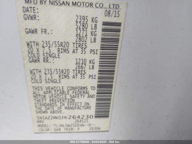 5N1AZ2MH1FN264230 Nissan Murano Platinum
