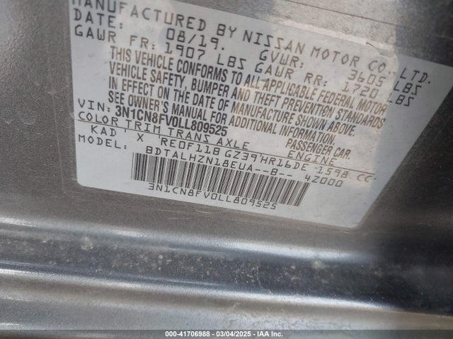 Nissan Versa Sr Xtronic Cvt 2020 3N1CN8FV0LL809525 Image 9