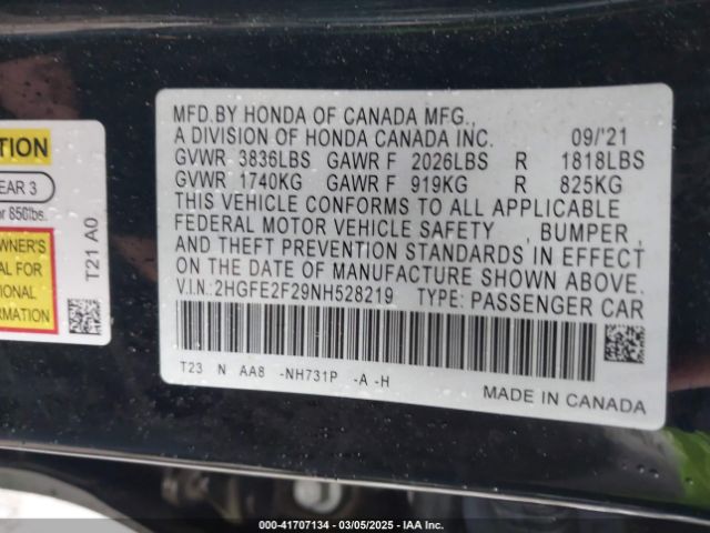 2HGFE2F29NH528219 Honda Civic Lx