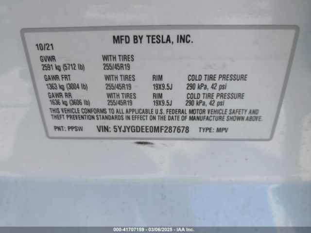 2021 TESLA MODEL Y 5YJYGDEE0MF287678 Photo 8