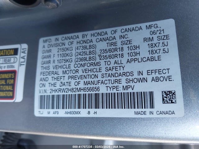 2HKRW2H82MH656656 Honda Cr-v Awd Ex-l