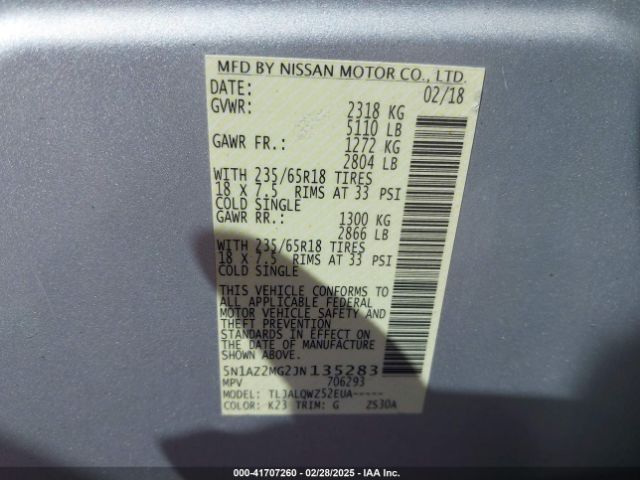 5N1AZ2MG2JN135283 Nissan MURANO SV