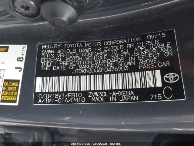 JTDKN3DU6F0476903 Toyota Prius Two