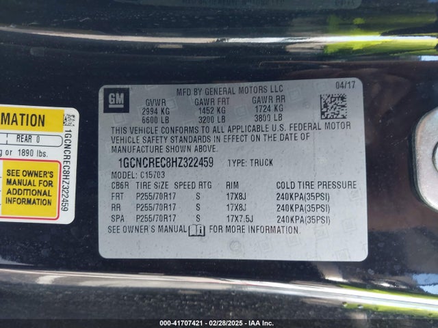 1GCNCREC8HZ322459 Chevrolet l83 - sidi: spark ignited direct injection, vvt: variable valve timing, afm, e85 max, alum