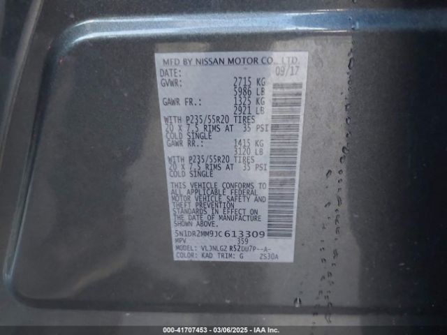 5N1DR2MM9JC613309 Nissan Pathfinder Sl