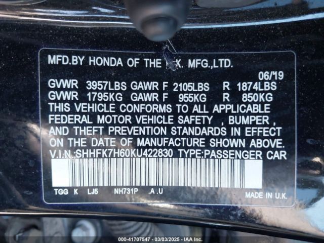 SHHFK7H60KU422830 Honda CIVIC EX