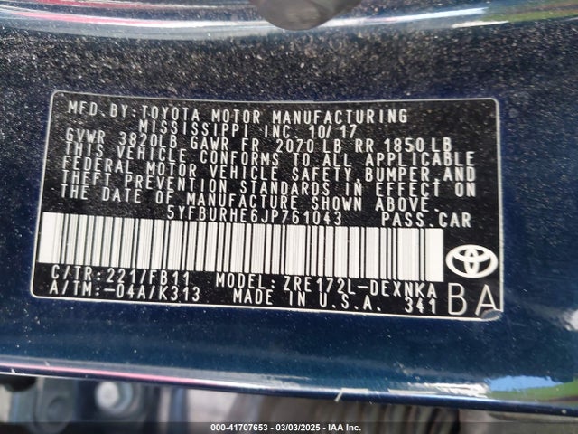 Toyota COROLLA LE 2018 5YFBURHE6JP761043 Image 9
