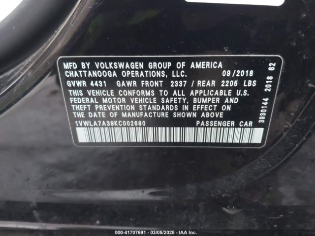 1VWLA7A39KC002680 Volkswagen Passat 2.0t Wolfsburg Edition