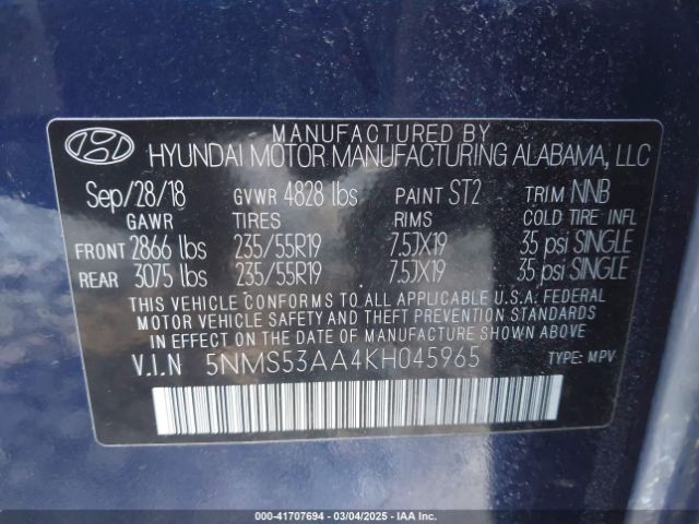 2019 HYUNDAI SANTA FE 5NMS53AA4KH045965 Photo 8