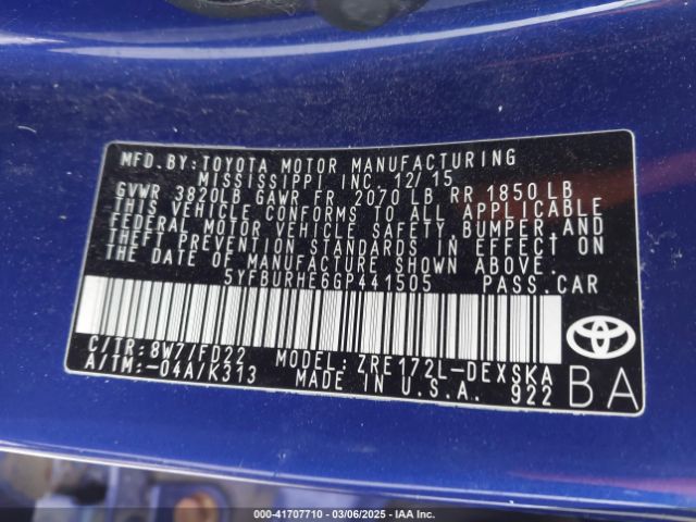 5YFBURHE6GP441505 Toyota Corolla S Plus