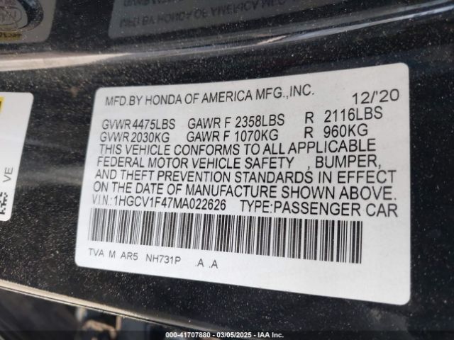 1HGCV1F47MA022626 Honda Accord Sport Special Edition