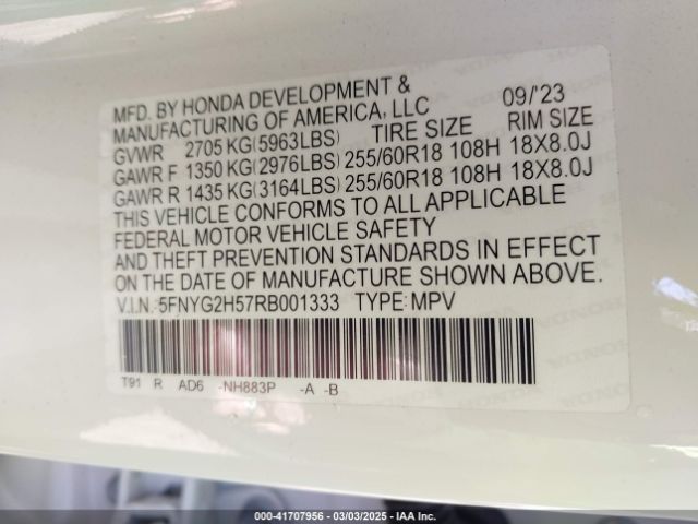 5FNYG2H57RB001333 Honda Pilot Ex-l 7 Passenger