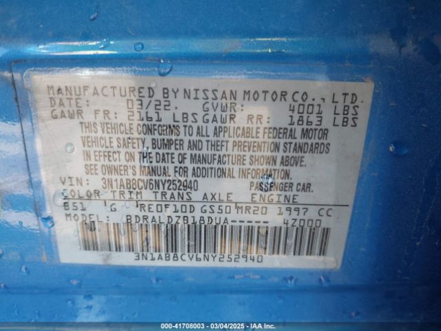 3N1AB8CV6NY252940 Nissan Sentra