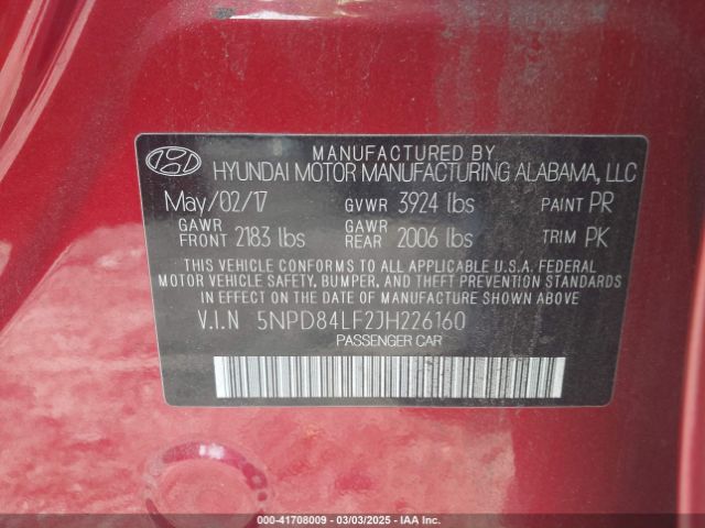 5NPD84LF2JH226160 Hyundai ELANTRA SEL
