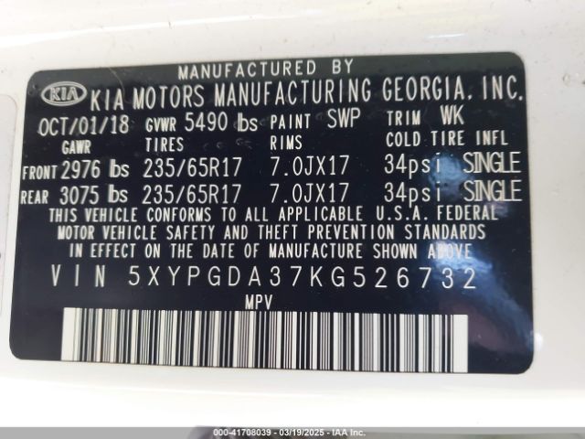 5XYPGDA37KG526732 KIA Sorento 2.4l Lx